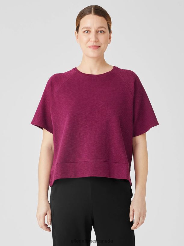 EILEEN FISHER Organic Cotton Slubby Rib Knit Elbow-Sleeve Top Boxy Fit Women RASPBERRY Clothing 024FN222