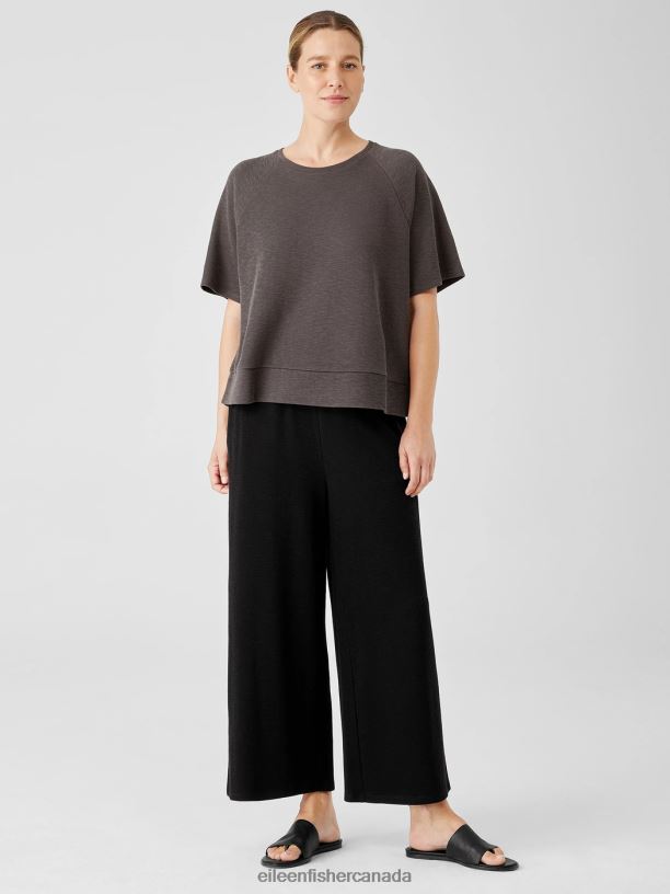 EILEEN FISHER Organic Cotton Slubby Rib Knit Elbow-Sleeve Top Boxy Fit Women RYE Clothing 024FN221