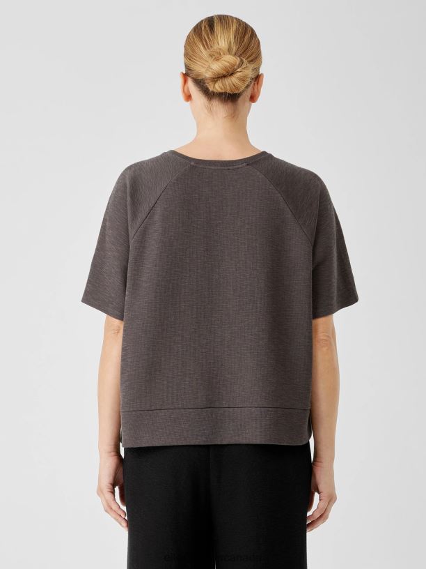 EILEEN FISHER Organic Cotton Slubby Rib Knit Elbow-Sleeve Top Boxy Fit Women RYE Clothing 024FN221