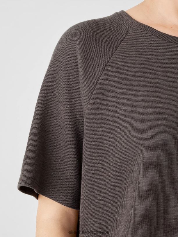 EILEEN FISHER Organic Cotton Slubby Rib Knit Elbow-Sleeve Top Boxy Fit Women RYE Clothing 024FN221