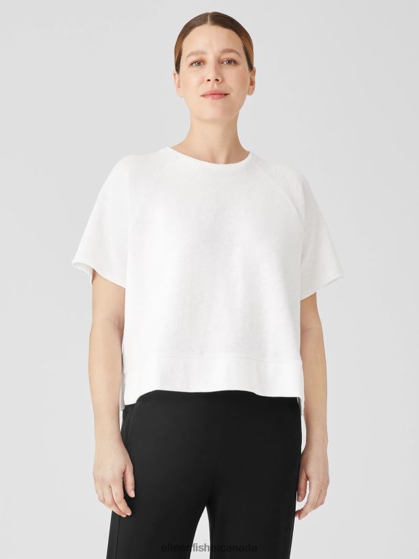 EILEEN FISHER Organic Cotton Slubby Rib Knit Elbow-Sleeve Top Boxy Fit Women WHITE Clothing 024FN220