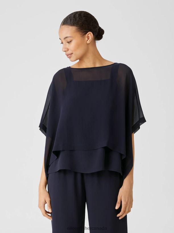 EILEEN FISHER Sheer Silk Georgette Poncho Boxy Fit Cropped Length Women BLACK Clothing 024FN285