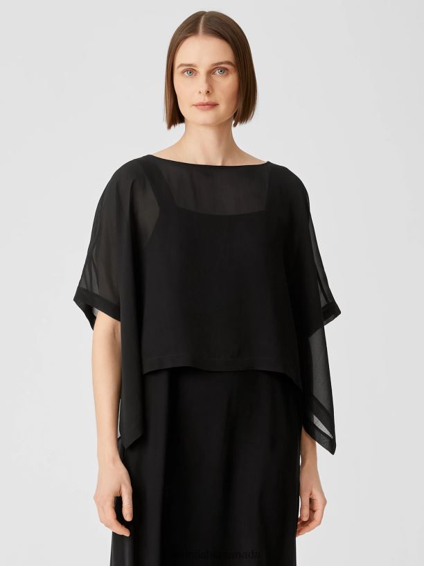 EILEEN FISHER Sheer Silk Georgette Poncho Boxy Fit Cropped Length Women BLACK Clothing 024FN286