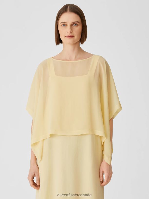 EILEEN FISHER Sheer Silk Georgette Poncho Boxy Fit Cropped Length Women BUTTER Clothing 024FN291