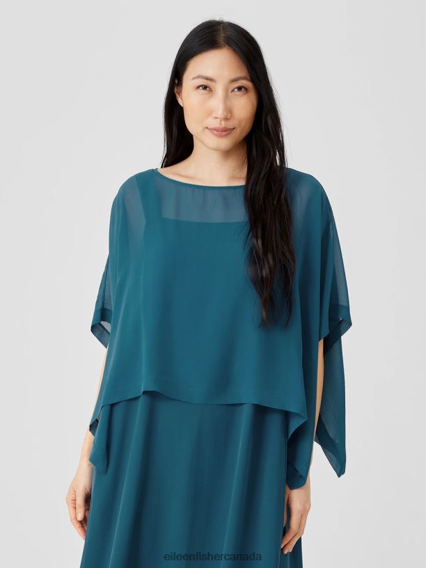 EILEEN FISHER Sheer Silk Georgette Poncho Boxy Fit Cropped Length Women REEF Clothing 024FN288