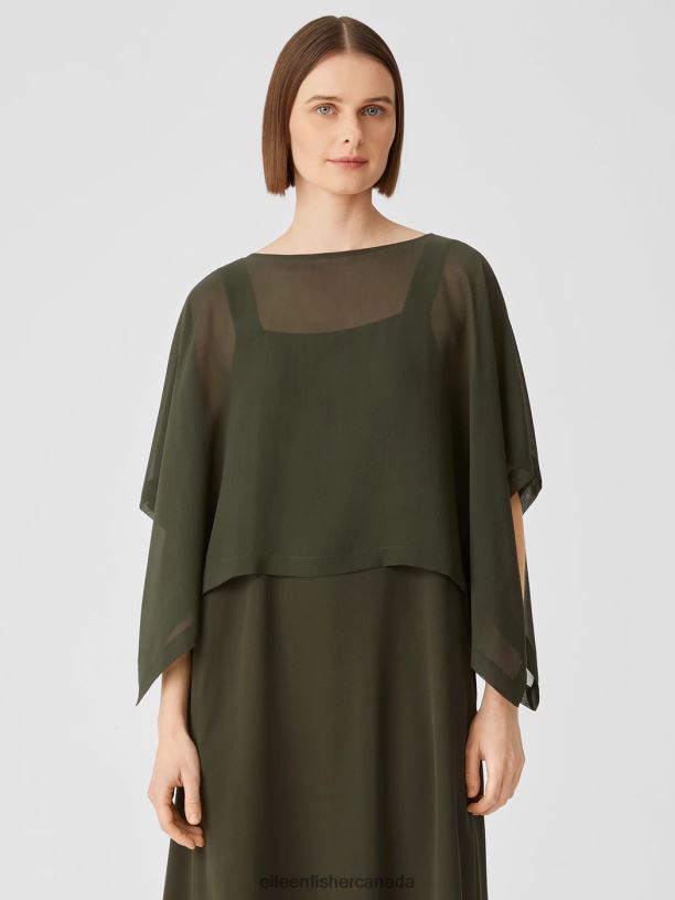 EILEEN FISHER Sheer Silk Georgette Poncho Boxy Fit Cropped Length Women SEAWEED Clothing 024FN287