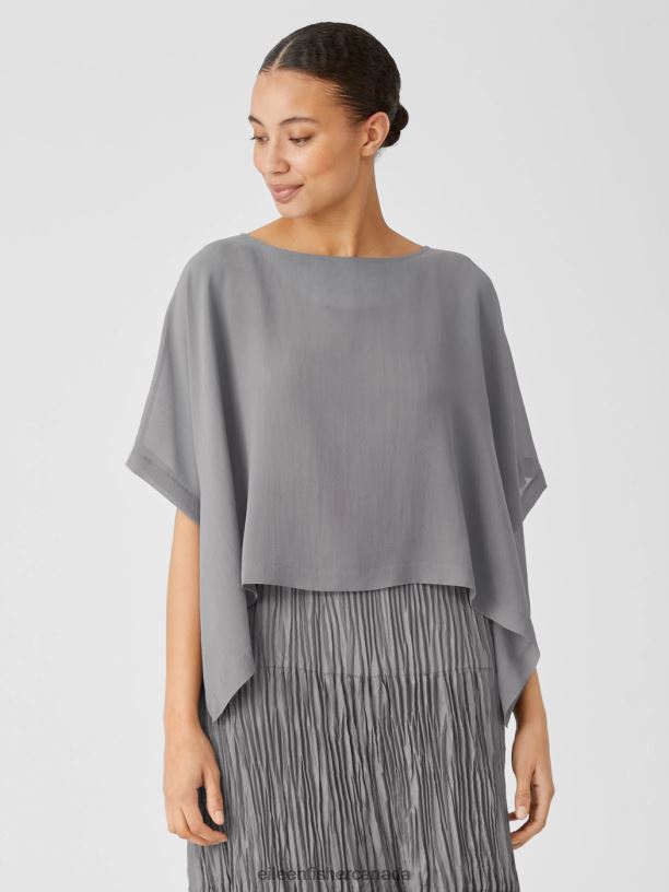 EILEEN FISHER Sheer Silk Georgette Poncho Boxy Fit Cropped Length Women STEEL Clothing 024FN289