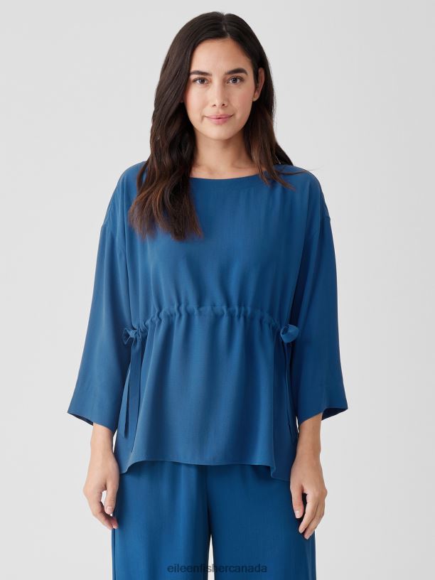 EILEEN FISHER Silk Georgette Crepe Bateau Neck Top Boxy Fit Long Length Women ATLANTIS Clothing 024FN166