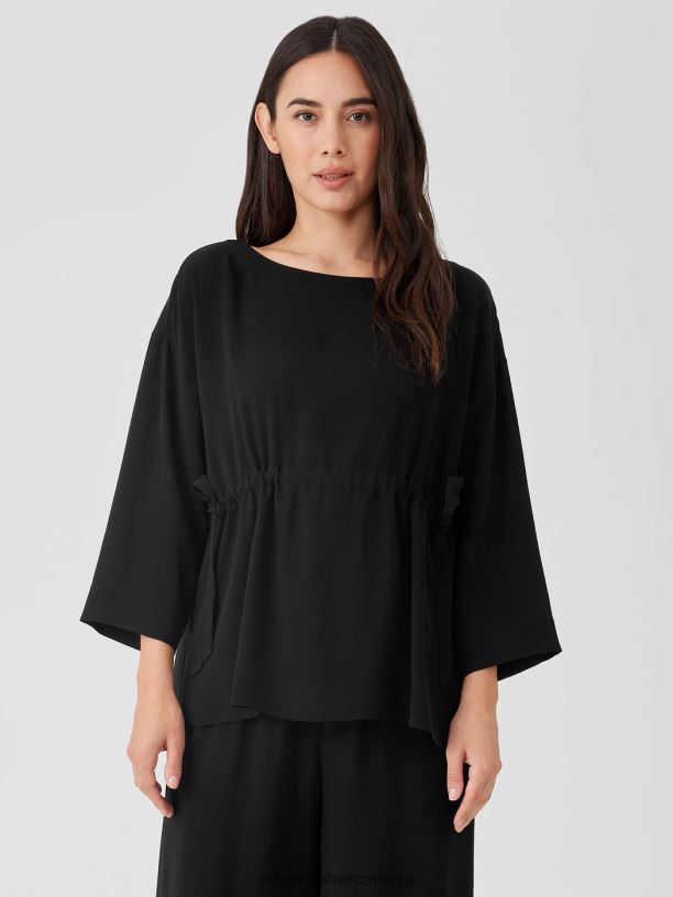 EILEEN FISHER Silk Georgette Crepe Bateau Neck Top Boxy Fit Long Length Women BLACK Clothing 024FN165