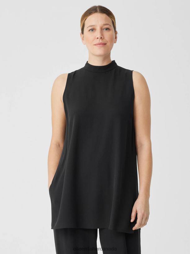 EILEEN FISHER Silk Georgette Crepe Mock Neck Long Top Easy Fit Thigh Length Women BLACK Clothing 024FN180