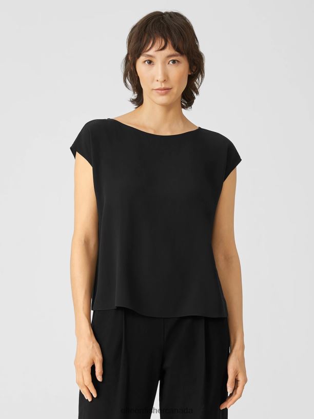 EILEEN FISHER Silk Georgette Crepe Shirred-Back Top Boxy Fit Short Length Women BLACK Clothing 024FN293