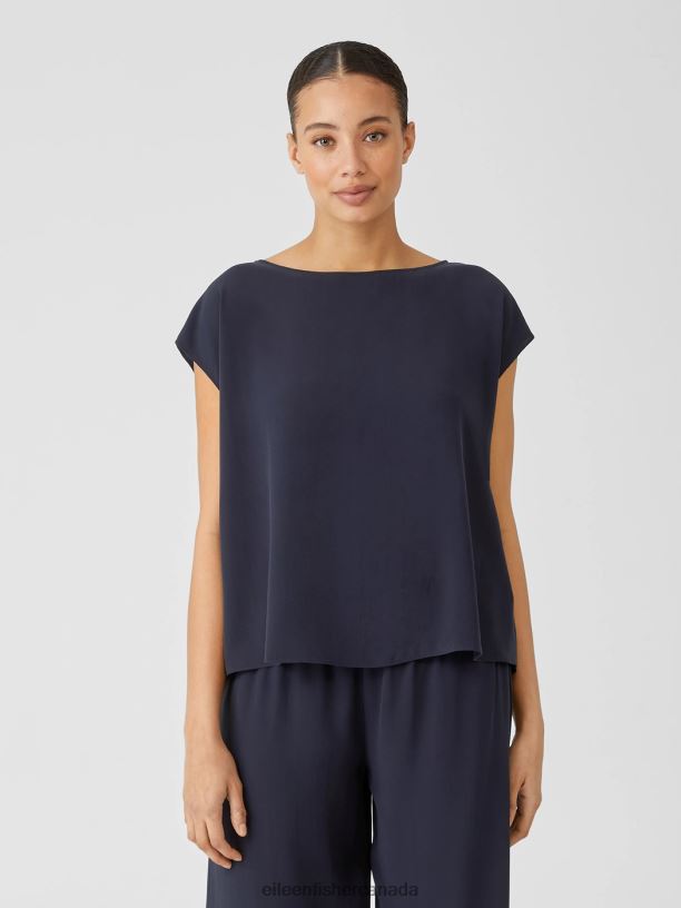 EILEEN FISHER Silk Georgette Crepe Shirred-Back Top Boxy Fit Short Length Women NOCTURNE Clothing 024FN294