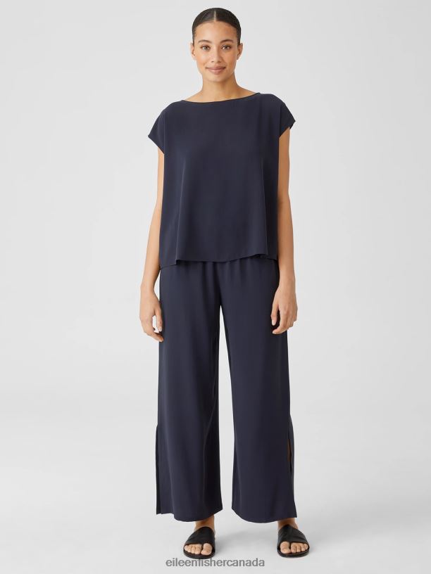 EILEEN FISHER Silk Georgette Crepe Shirred-Back Top Boxy Fit Short Length Women NOCTURNE Clothing 024FN294