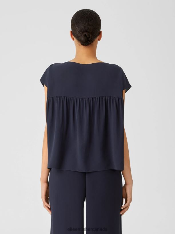 EILEEN FISHER Silk Georgette Crepe Shirred-Back Top Boxy Fit Short Length Women NOCTURNE Clothing 024FN294