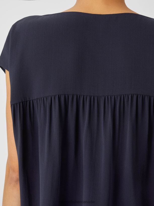 EILEEN FISHER Silk Georgette Crepe Shirred-Back Top Boxy Fit Short Length Women NOCTURNE Clothing 024FN294