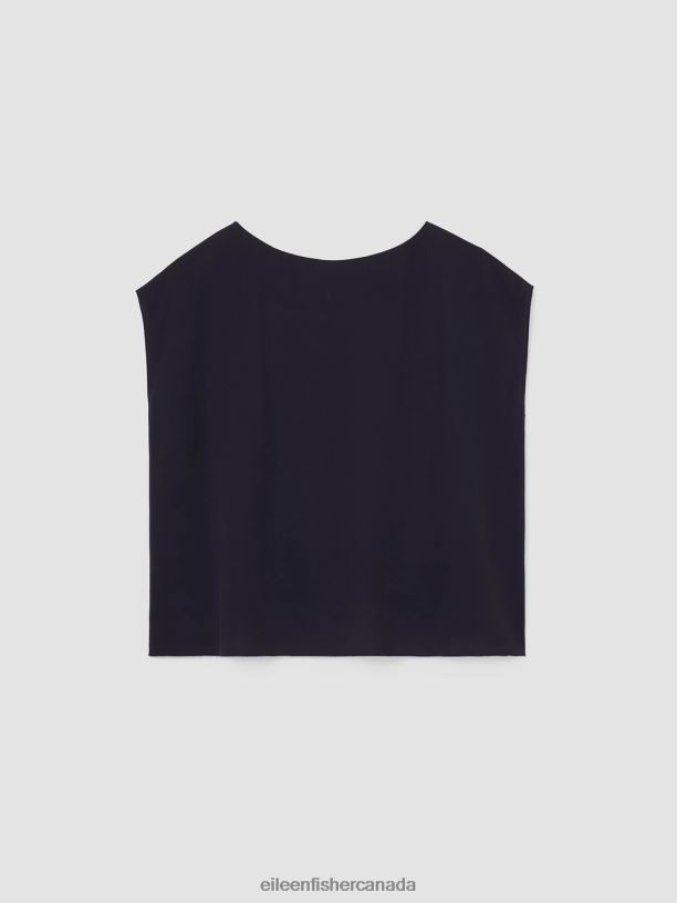 EILEEN FISHER Silk Georgette Crepe Shirred-Back Top Boxy Fit Short Length Women NOCTURNE Clothing 024FN294