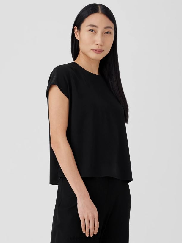 EILEEN FISHER Silk Georgette Crepe Square Top Boxy Fit Short Length Women BLACK Clothing 024FN303
