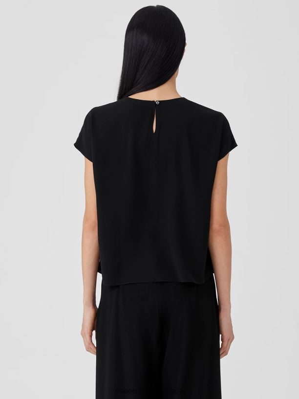 EILEEN FISHER Silk Georgette Crepe Square Top Boxy Fit Short Length Women BLACK Clothing 024FN303
