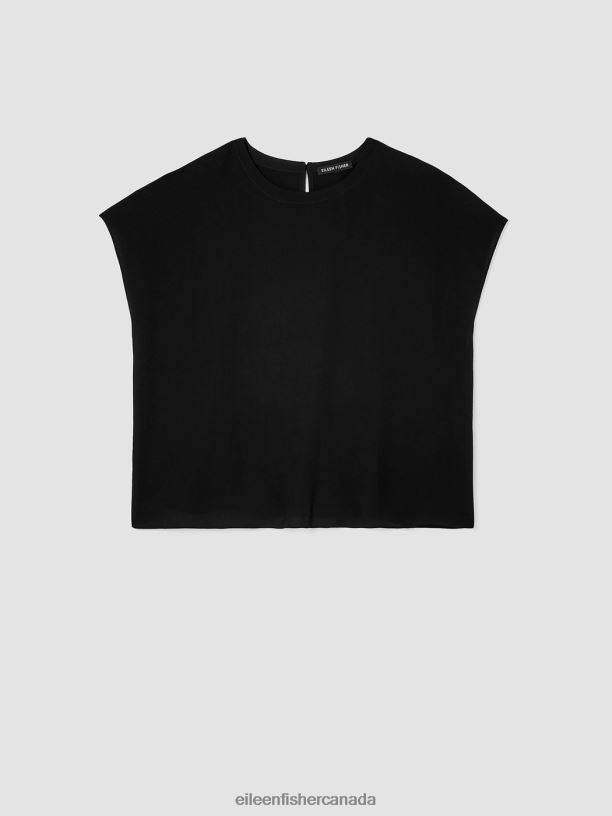 EILEEN FISHER Silk Georgette Crepe Square Top Boxy Fit Short Length Women BLACK Clothing 024FN303