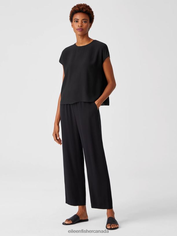 EILEEN FISHER Silk Georgette Crepe Square Top Boxy Fit Short Length Women BLACK Clothing 024FN364