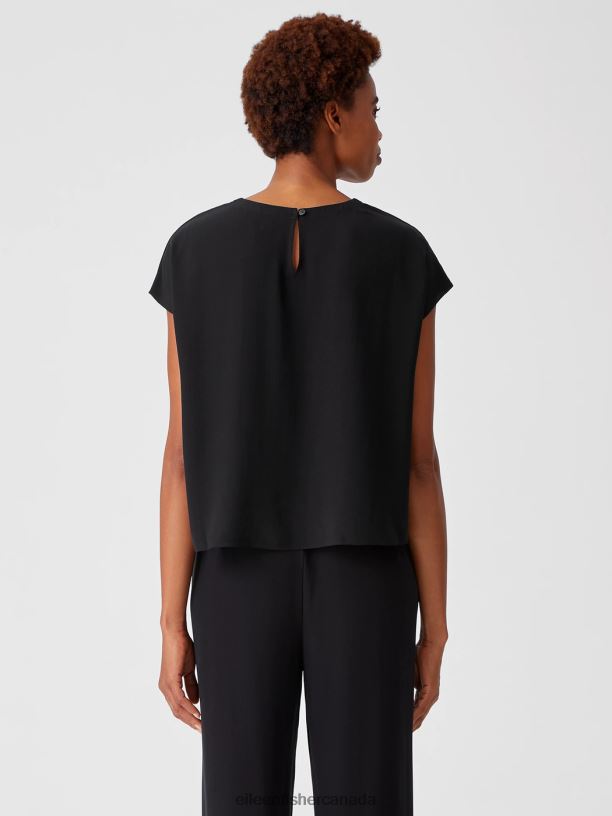 EILEEN FISHER Silk Georgette Crepe Square Top Boxy Fit Short Length Women BLACK Clothing 024FN364