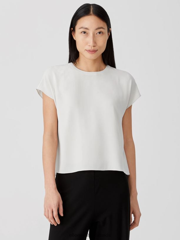 EILEEN FISHER Silk Georgette Crepe Square Top Boxy Fit Short Length Women BONE Clothing 024FN304