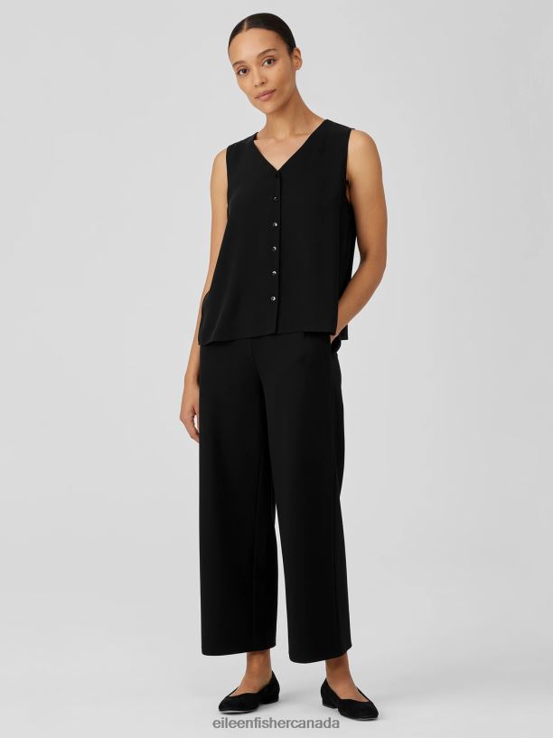 EILEEN FISHER Silk Georgette Crepe V-Neck Top Easy Fit Short Length Women BLACK Clothing 024FN26