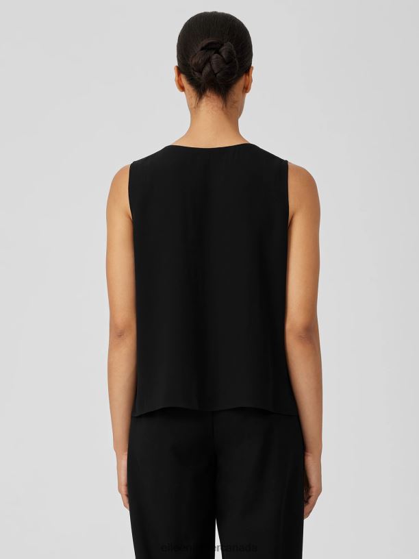 EILEEN FISHER Silk Georgette Crepe V-Neck Top Easy Fit Short Length Women BLACK Clothing 024FN26