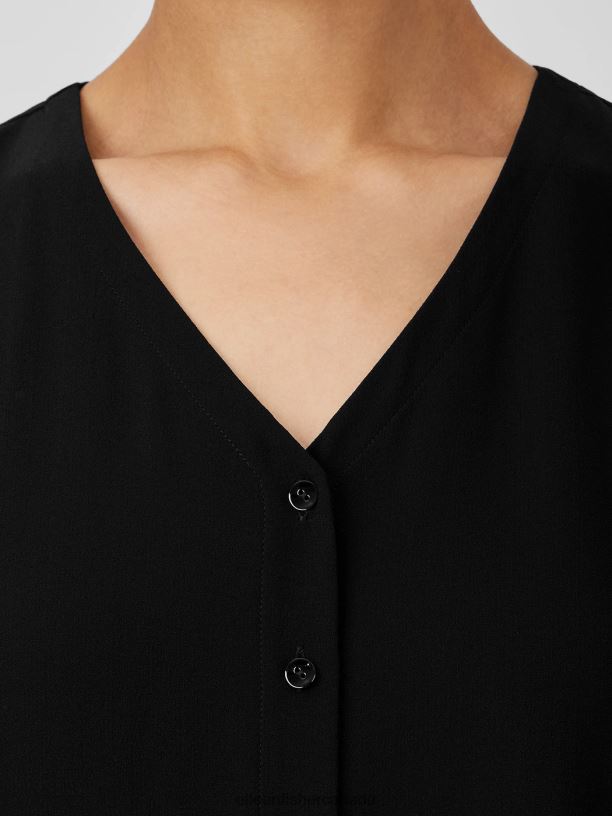 EILEEN FISHER Silk Georgette Crepe V-Neck Top Easy Fit Short Length Women BLACK Clothing 024FN26