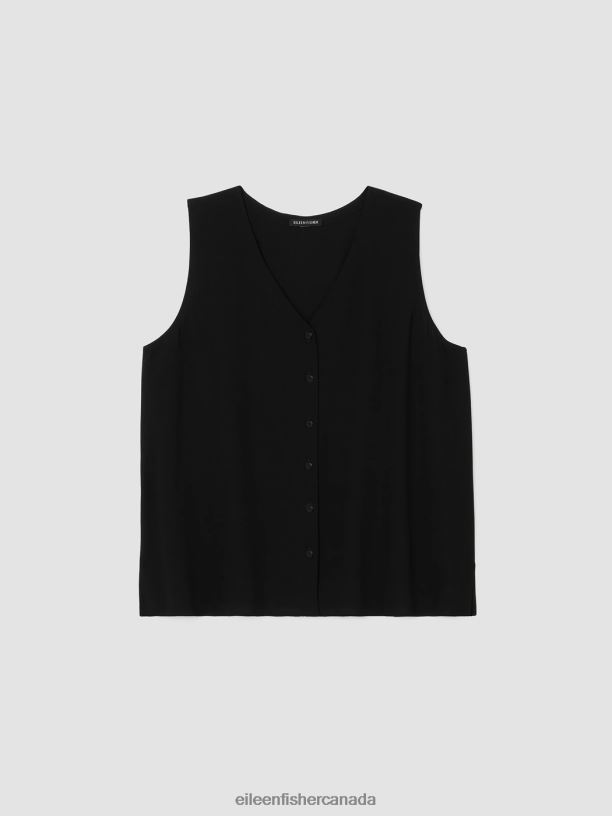 EILEEN FISHER Silk Georgette Crepe V-Neck Top Easy Fit Short Length Women BLACK Clothing 024FN26