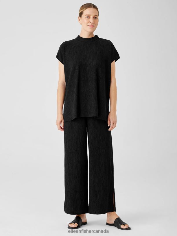 EILEEN FISHER Woven Plisse Mock Neck Top Boxy Fit Long Length Women BLACK Clothing 024FN300