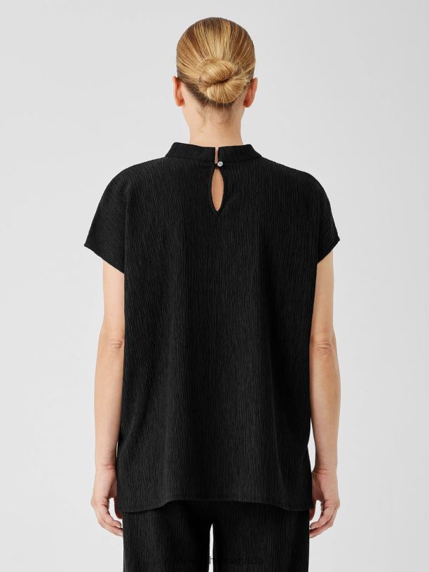 EILEEN FISHER Woven Plisse Mock Neck Top Boxy Fit Long Length Women BLACK Clothing 024FN300