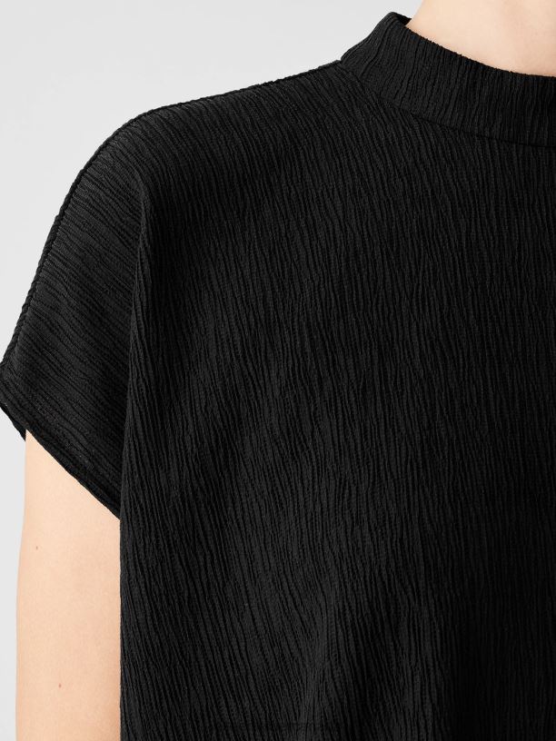 EILEEN FISHER Woven Plisse Mock Neck Top Boxy Fit Long Length Women BLACK Clothing 024FN300