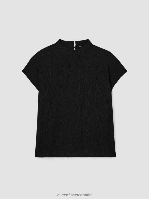 EILEEN FISHER Woven Plisse Mock Neck Top Boxy Fit Long Length Women BLACK Clothing 024FN300