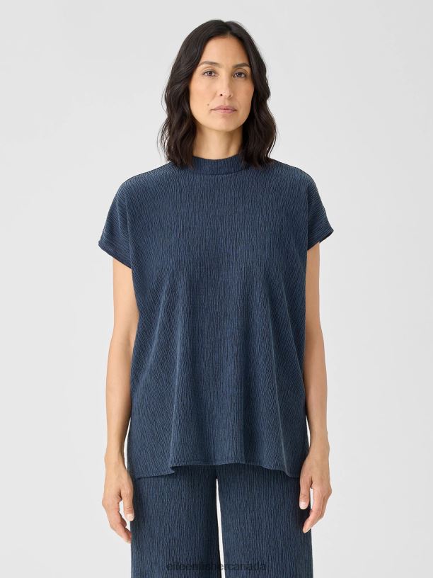 EILEEN FISHER Woven Plisse Mock Neck Top Boxy Fit Long Length Women DEEP ADRIATIC Clothing 024FN302