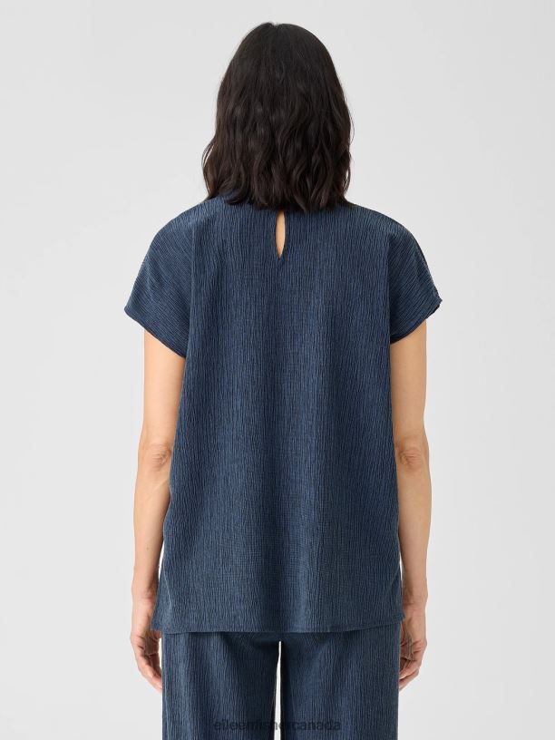 EILEEN FISHER Woven Plisse Mock Neck Top Boxy Fit Long Length Women DEEP ADRIATIC Clothing 024FN302