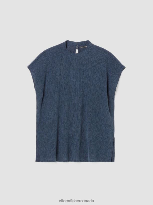EILEEN FISHER Woven Plisse Mock Neck Top Boxy Fit Long Length Women DEEP ADRIATIC Clothing 024FN302
