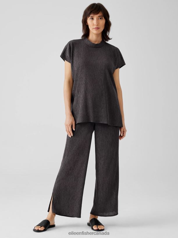 EILEEN FISHER Woven Plisse Mock Neck Top Boxy Fit Long Length Women RYE Clothing 024FN301