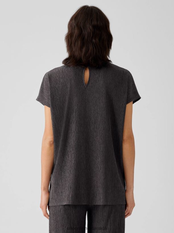 EILEEN FISHER Woven Plisse Mock Neck Top Boxy Fit Long Length Women RYE Clothing 024FN301