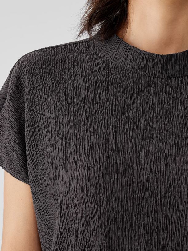 EILEEN FISHER Woven Plisse Mock Neck Top Boxy Fit Long Length Women RYE Clothing 024FN301