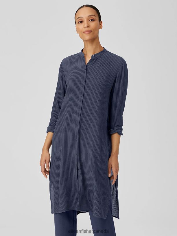 EILEEN FISHER Accordion Silk Jacquard Mandarin Collar LongShirt Easy Fit Calf Length Women BLACK Clothing 024FN187