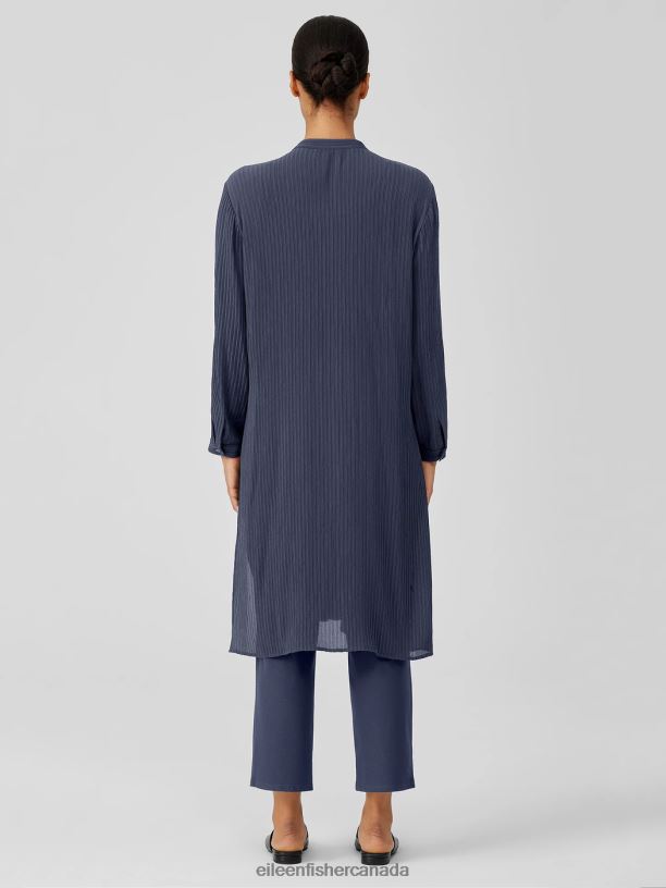 EILEEN FISHER Accordion Silk Jacquard Mandarin Collar LongShirt Easy Fit Calf Length Women BLACK Clothing 024FN187