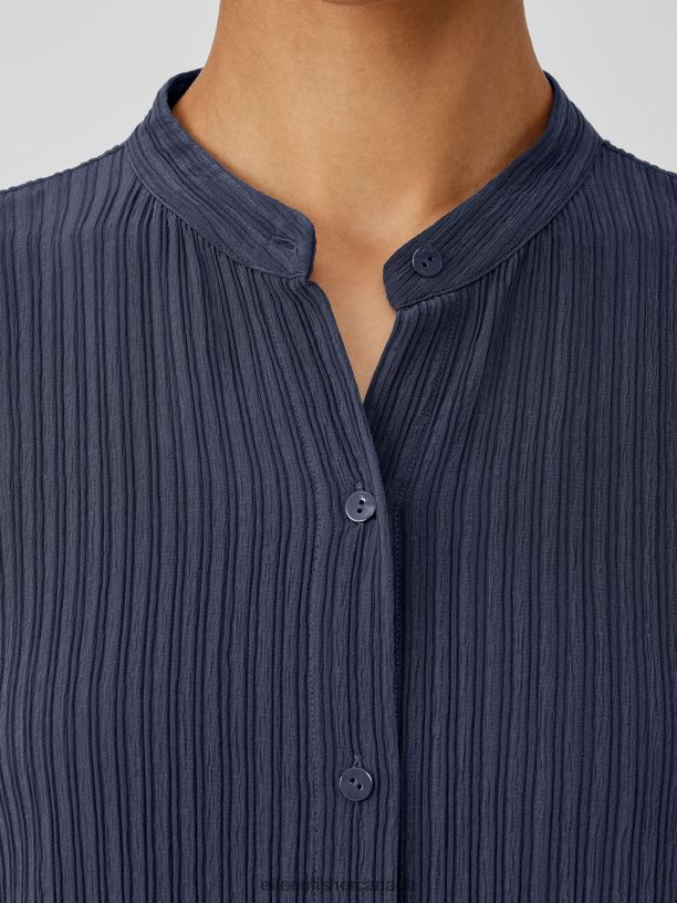 EILEEN FISHER Accordion Silk Jacquard Mandarin Collar LongShirt Easy Fit Calf Length Women BLACK Clothing 024FN187