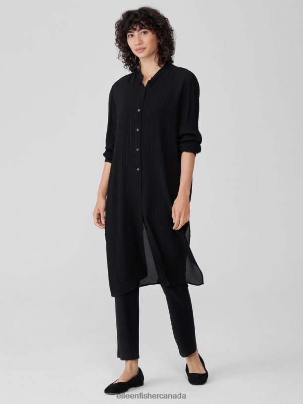 EILEEN FISHER Accordion Silk Jacquard Mandarin Collar LongShirt Easy Fit Calf Length Women BLACK Clothing 024FN188