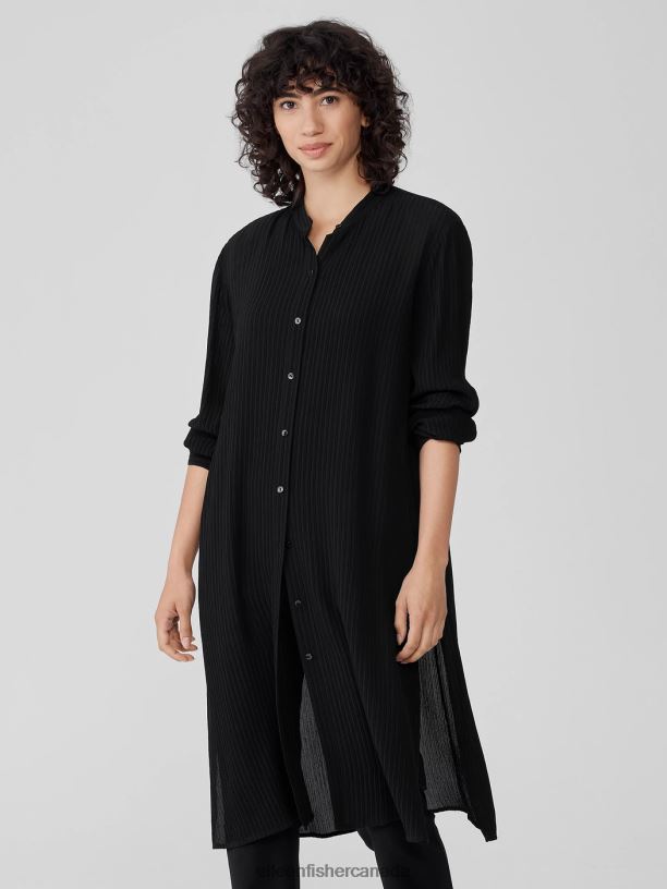 EILEEN FISHER Accordion Silk Jacquard Mandarin Collar LongShirt Easy Fit Calf Length Women BLACK Clothing 024FN188