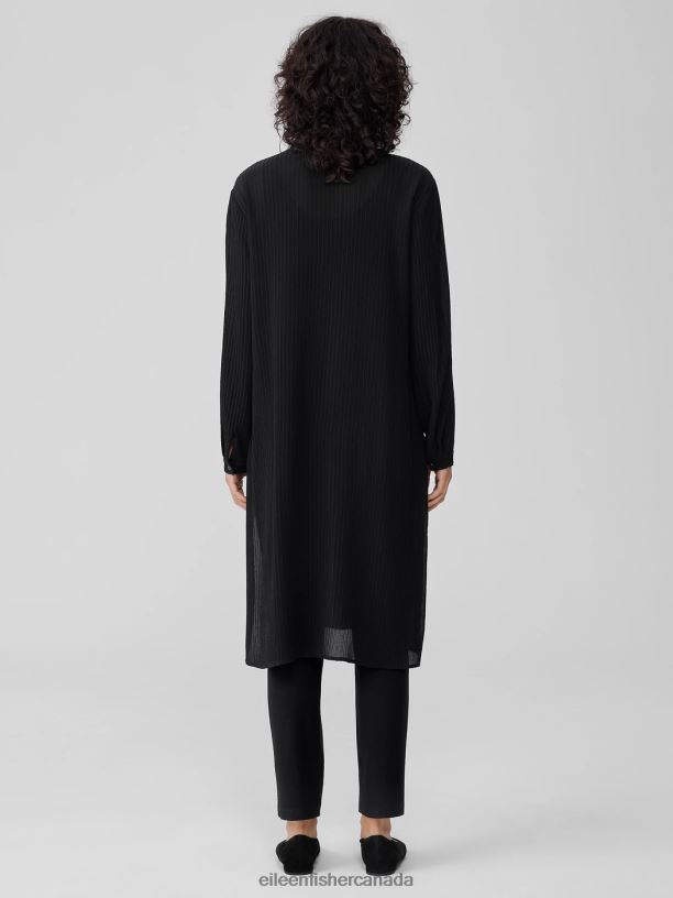 EILEEN FISHER Accordion Silk Jacquard Mandarin Collar LongShirt Easy Fit Calf Length Women BLACK Clothing 024FN188