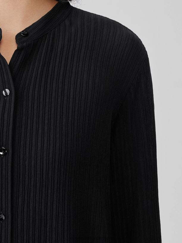 EILEEN FISHER Accordion Silk Jacquard Mandarin Collar LongShirt Easy Fit Calf Length Women BLACK Clothing 024FN188