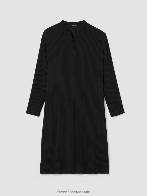 EILEEN FISHER Accordion Silk Jacquard Mandarin Collar LongShirt Easy Fit Calf Length Women BLACK Clothing 024FN188
