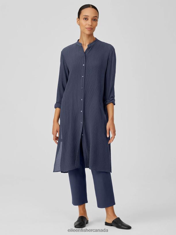 EILEEN FISHER Accordion Silk Jacquard Mandarin Collar LongShirt Easy Fit Calf Length Women OCEAN Clothing 024FN189