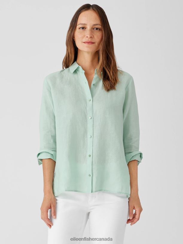 EILEEN FISHER Handkerchief Linen Classic Collar Shirt Easy Fit Long Length Women ABSINTHE Clothing 024FN96